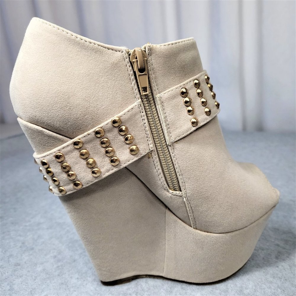 * Mona Mia Nude With Gold Studs Faux Leather Wedge Booty - Picture 3 of 15